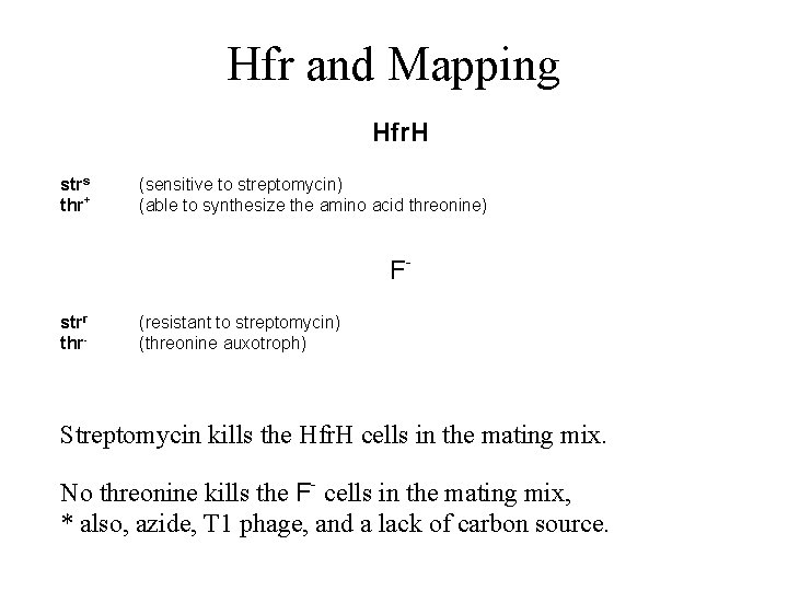 Hfr and Mapping Hfr. H strs thr+ (sensitive to streptomycin) (able to synthesize the