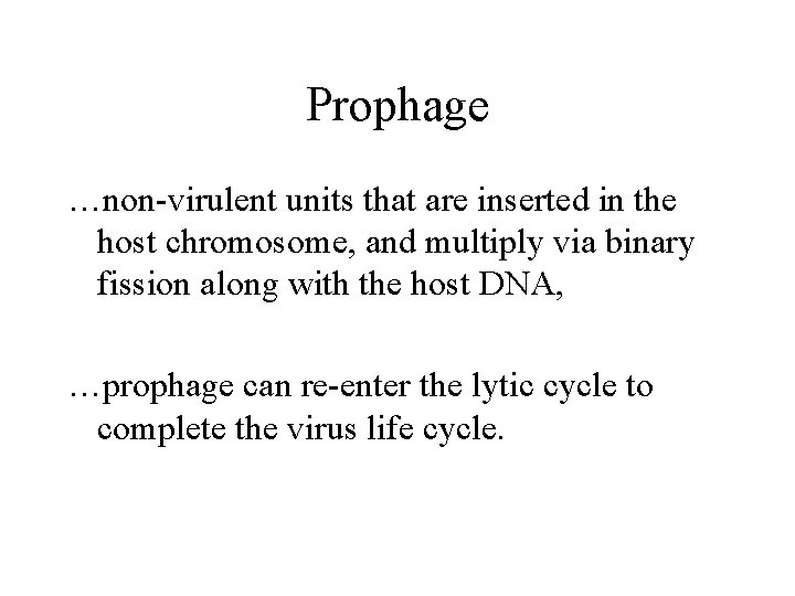 Prophage …non-virulent units that are inserted in the host chromosome, and multiply via binary