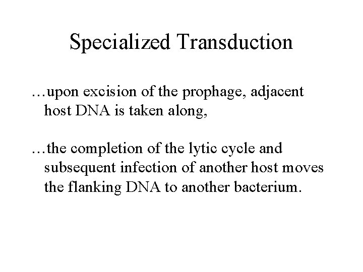 Specialized Transduction …upon excision of the prophage, adjacent host DNA is taken along, …the