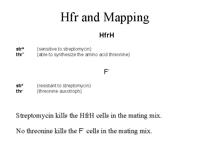 Hfr and Mapping Hfr. H strs thr+ (sensitive to streptomycin) (able to synthesize the