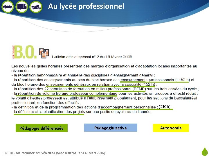 Au lycée professionnel (210 h) Pédagogie différenciée Pédagogie active Autonomie S PNF BTS maintenance