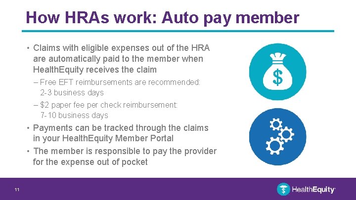 How HRAs work: Auto pay member • Claims with eligible expenses out of the