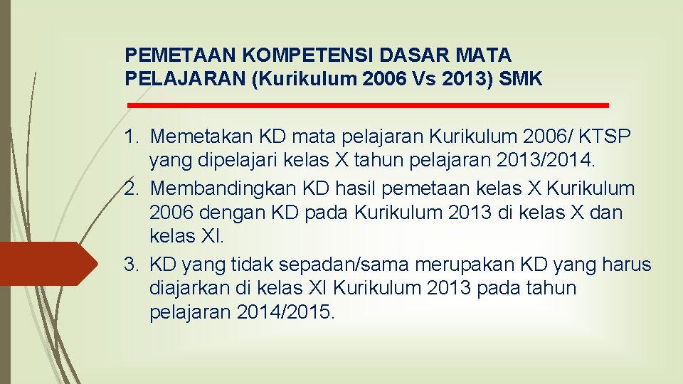 PEMETAAN KOMPETENSI DASAR MATA PELAJARAN (Kurikulum 2006 Vs 2013) SMK 1. Memetakan KD mata PEMETAAN KOMPETENSI DASAR MATA PELAJARAN (Kurikulum 2006 Vs 2013) SMK 1. Memetakan KD mata
