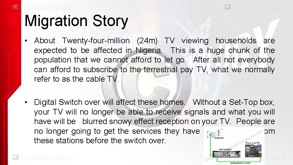 Migration Story • About Twenty-four-million (24 m) TV viewing households are expected to be