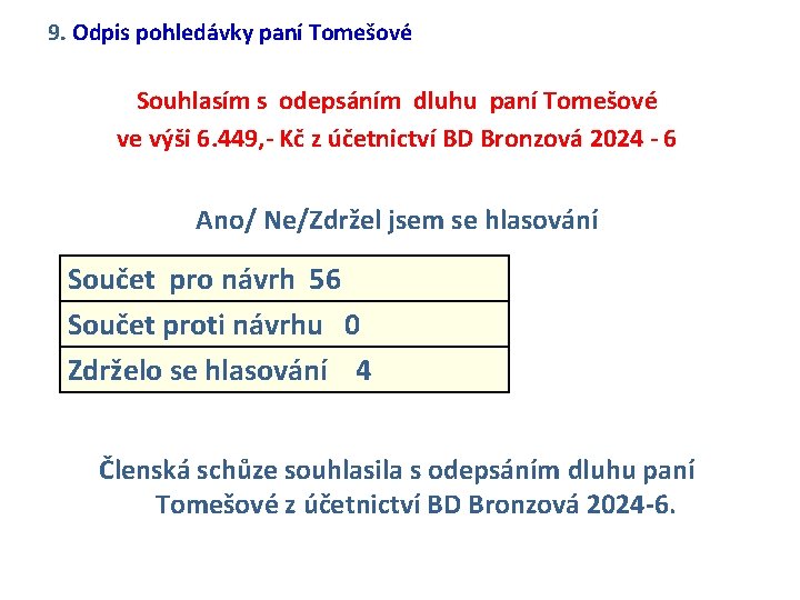 9. Odpis pohledávky paní Tomešové Souhlasím s odepsáním dluhu paní Tomešové ve výši 6.