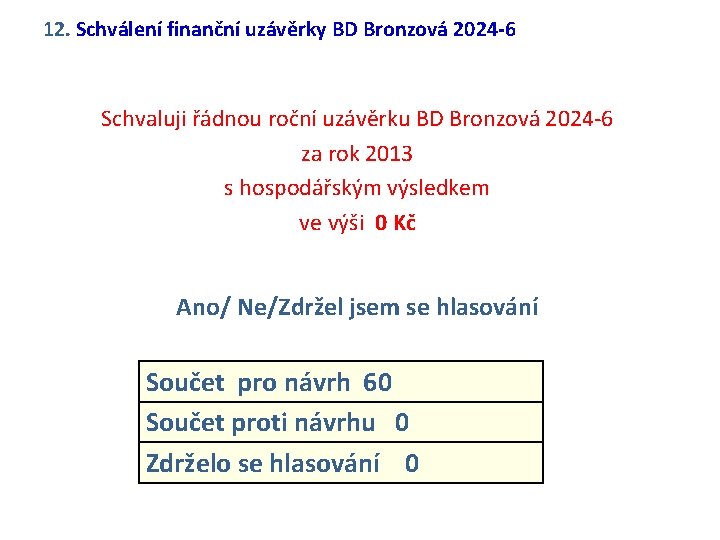 12. Schválení finanční uzávěrky BD Bronzová 2024 -6 Schvaluji řádnou roční uzávěrku BD Bronzová