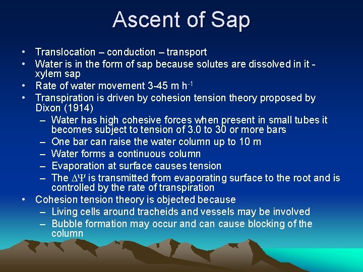 Ascent of Sap • Translocation – conduction – transport • Water is in the