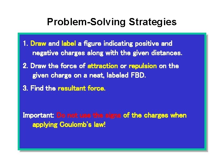 Problem-Solving Strategies 1. Draw and label a figure indicating positive and negative charges along