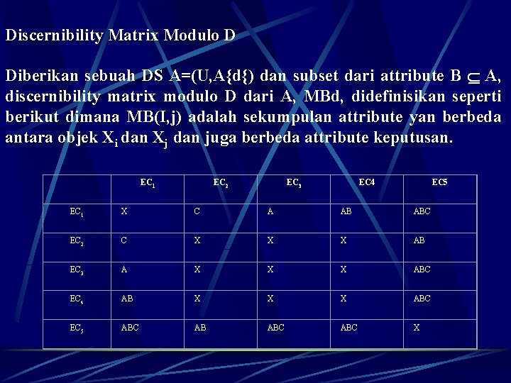 Discernibility Matrix Modulo D Diberikan sebuah DS A=(U, A{d{) dan subset dari attribute B