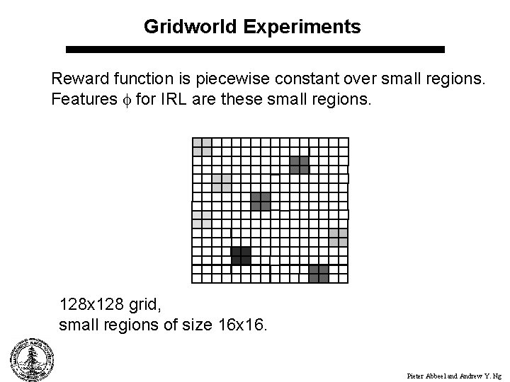 Gridworld Experiments Reward function is piecewise constant over small regions. Features for IRL are