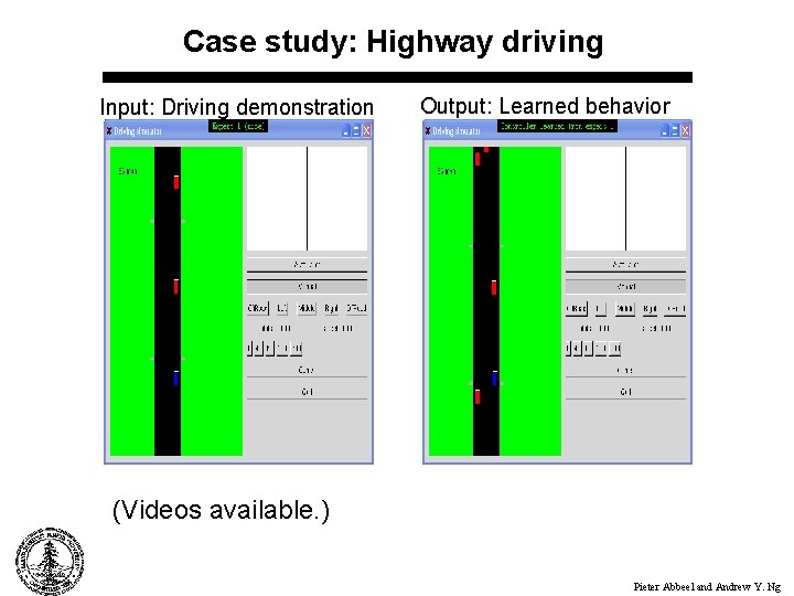 Case study: Highway driving Input: Driving demonstration Output: Learned behavior (Videos available. ) Pieter
