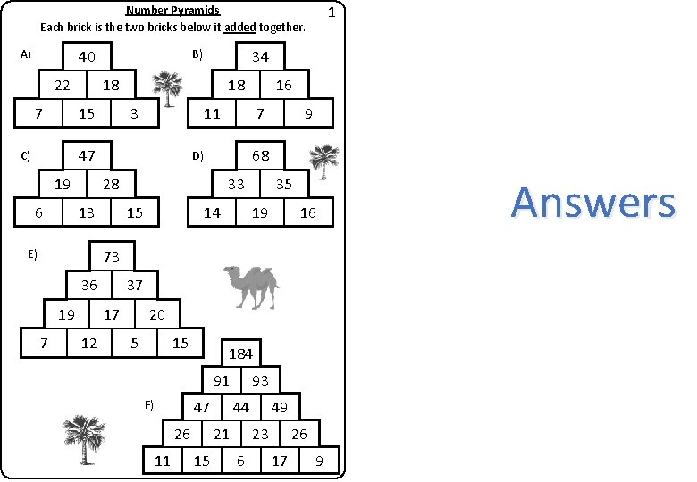 1 Number Pyramids Each brick is the two bricks below it added together. A)
