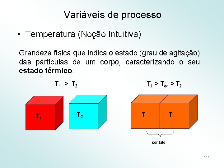 Variáveis de processo • Temperatura (Noção Intuitiva) Grandeza física que indica o estado (grau