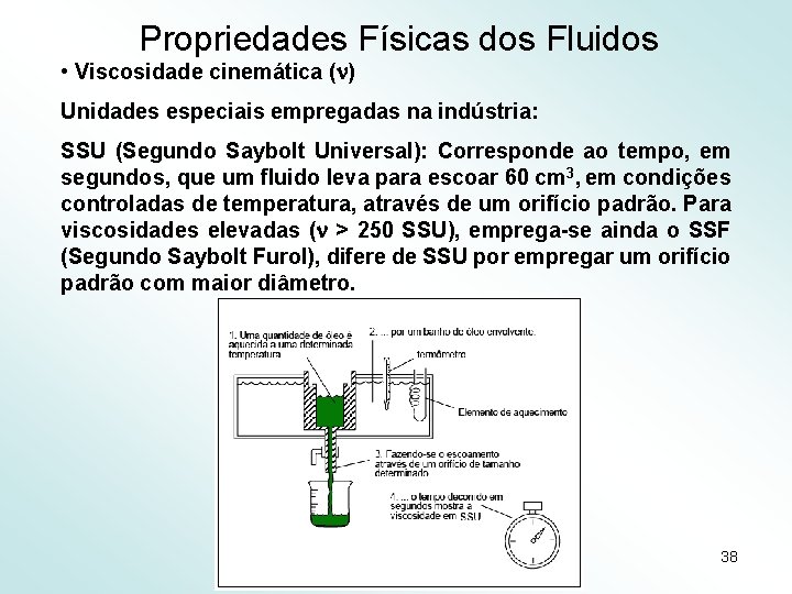Propriedades Físicas dos Fluidos • Viscosidade cinemática ( ) Unidades especiais empregadas na indústria: