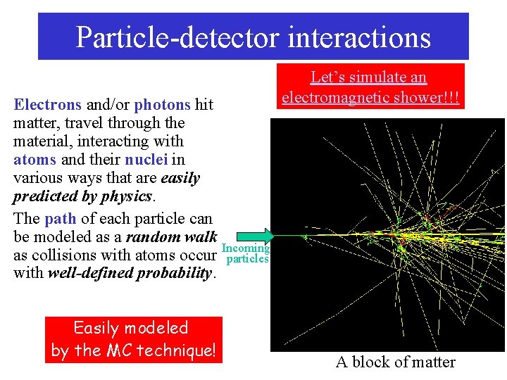 Particle-detector interactions Electrons and/or photons hit matter, travel through the material, interacting with atoms