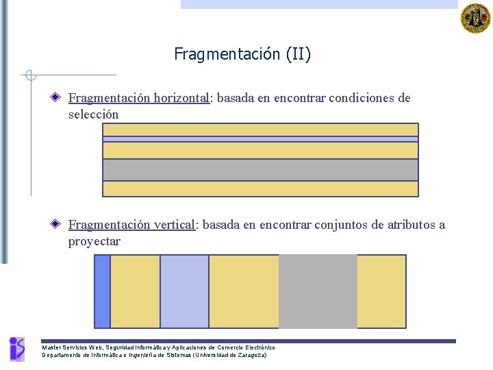 Fragmentación (II) Fragmentación horizontal: basada en encontrar condiciones de selección Fragmentación vertical: basada en
