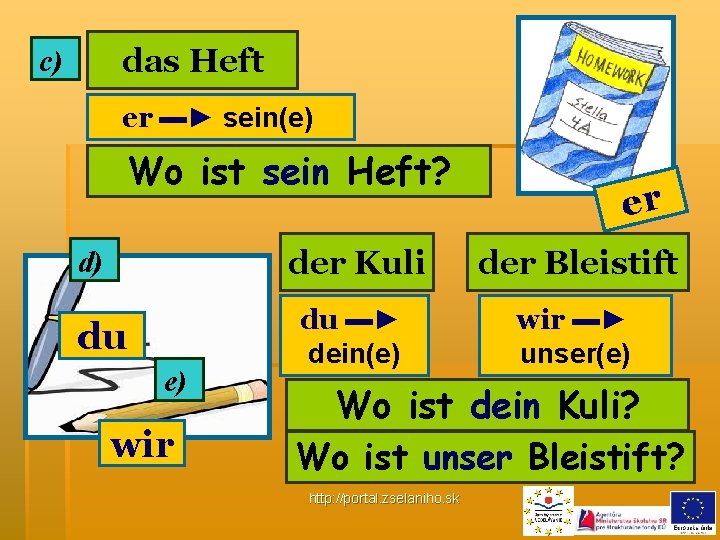 das Heft c) er ▬► sein(e) Wo ist sein Heft? d) du e) wir