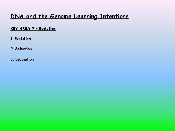 DNA and the Genome Learning Intentions KEY AREA 7 – Evolution 1. Evolution 2.