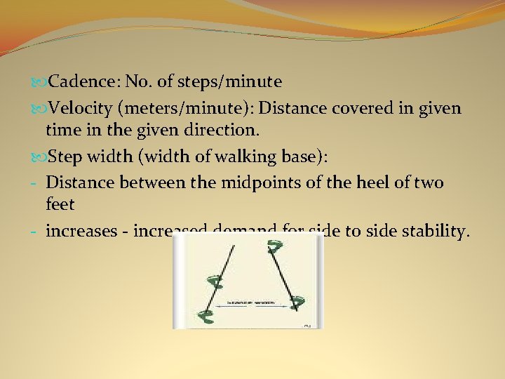 Cadence: No. of steps/minute Velocity (meters/minute): Distance covered in given time in the