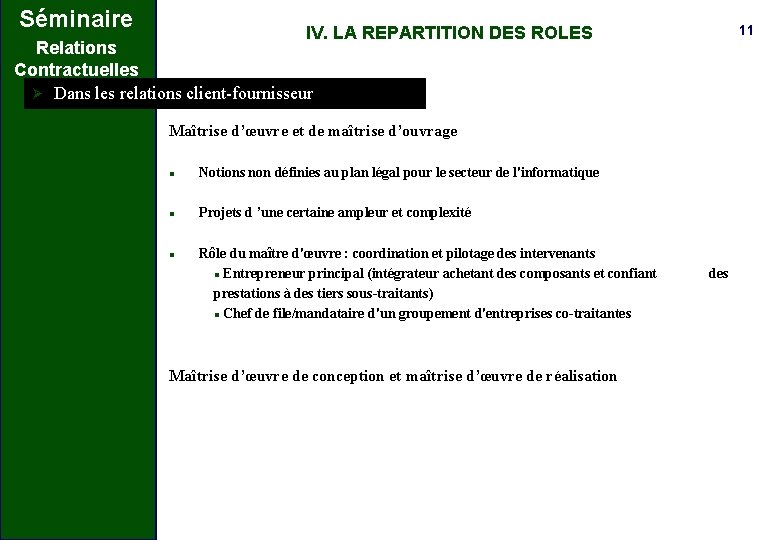 Séminaire 11 IV. LA REPARTITION DES ROLES Relations Contractuelles Ø Dans les relations client-fournisseur