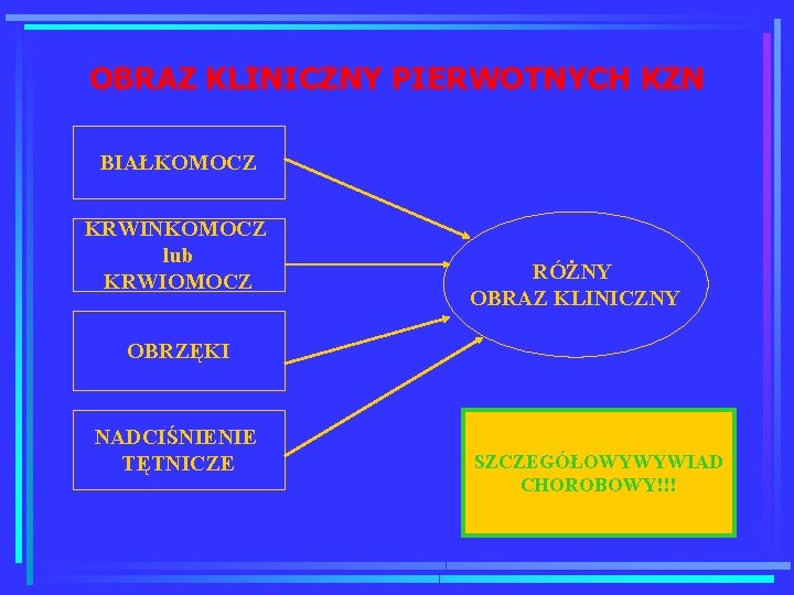 OBRAZ KLINICZNY PIERWOTNYCH KZN BIAŁKOMOCZ KRWINKOMOCZ lub KRWIOMOCZ RÓŻNY OBRAZ KLINICZNY OBRZĘKI NADCIŚNIENIE TĘTNICZE