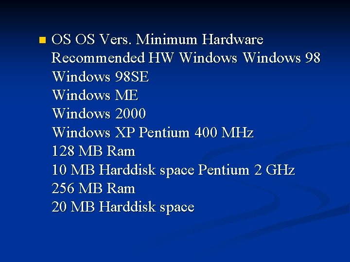 n OS OS Vers. Minimum Hardware Recommended HW Windows 98 SE Windows ME Windows