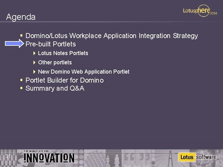 Agenda § Domino/Lotus Workplace Application Integration Strategy § Pre-built Portlets 4 Lotus Notes Portlets