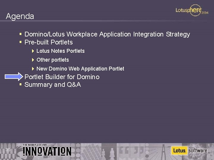 Agenda § Domino/Lotus Workplace Application Integration Strategy § Pre-built Portlets 4 Lotus Notes Portlets