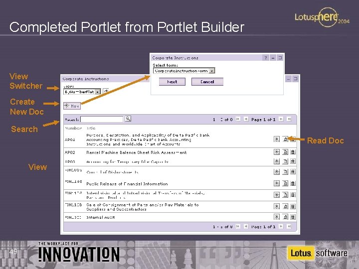 Completed Portlet from Portlet Builder View Switcher Create New Doc Search Read Doc View