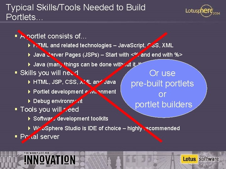 Typical Skills/Tools Needed to Build Portlets… § A portlet consists of… 4 HTML and