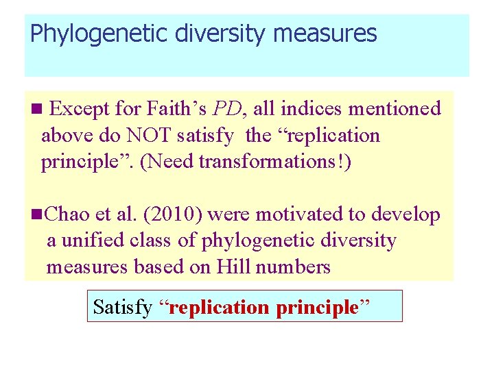 Phylogenetic diversity measures Except for Faith’s PD, all indices mentioned above do NOT satisfy