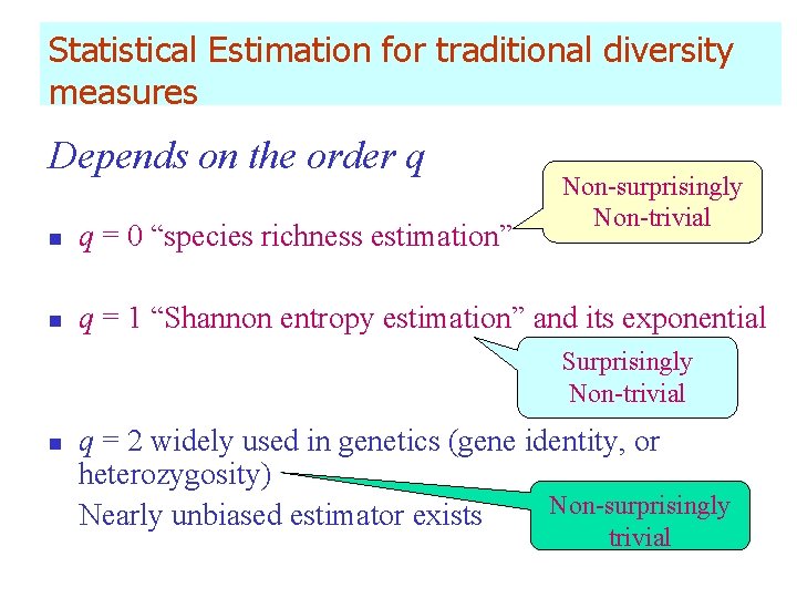 Statistical Estimation for traditional diversity measures Depends on the order q Non-surprisingly Non-trivial n