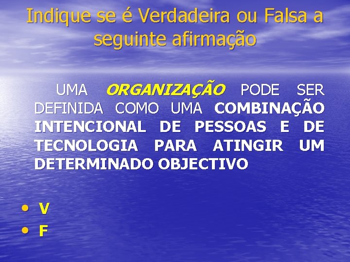 Indique se é Verdadeira ou Falsa a seguinte afirmação UMA ORGANIZAÇÃO PODE SER DEFINIDA