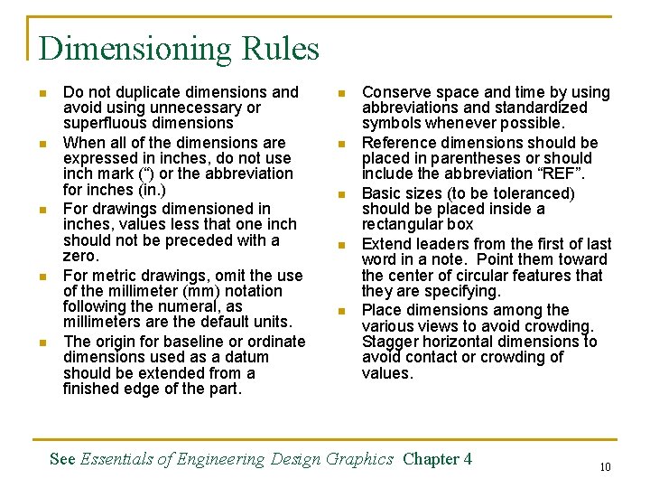 Dimensioning Rules n n n Do not duplicate dimensions and avoid using unnecessary or