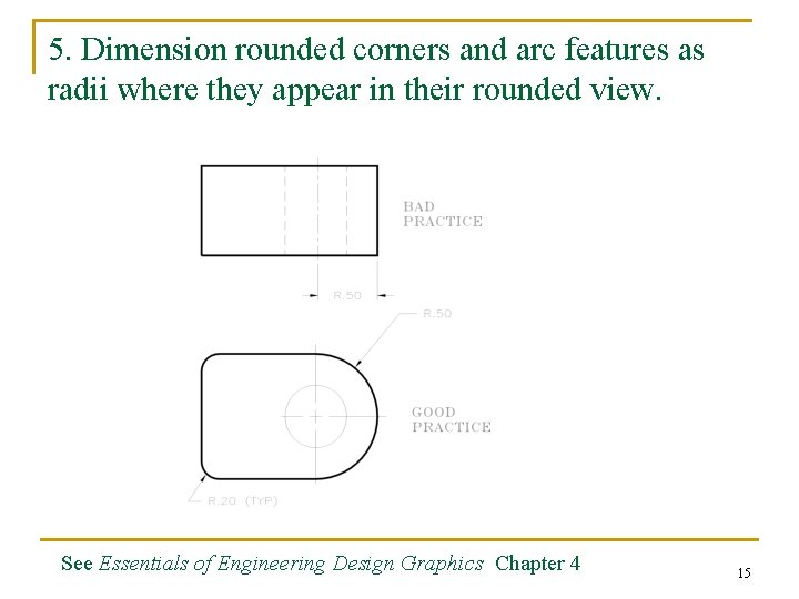 5. Dimension rounded corners and arc features as radii where they appear in their