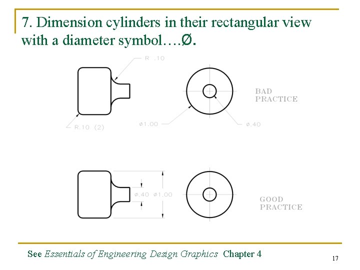 7. Dimension cylinders in their rectangular view with a diameter symbol…. Ø. See Essentials