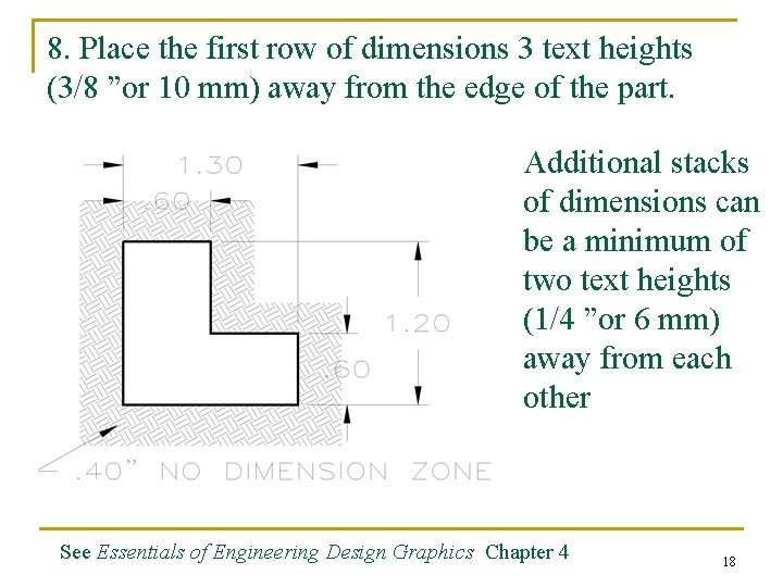 8. Place the first row of dimensions 3 text heights (3/8 ”or 10 mm)