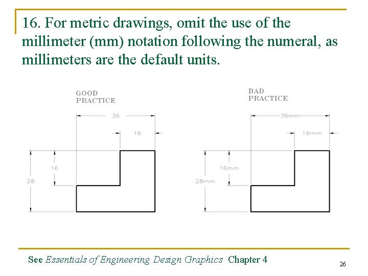 16. For metric drawings, omit the use of the millimeter (mm) notation following the