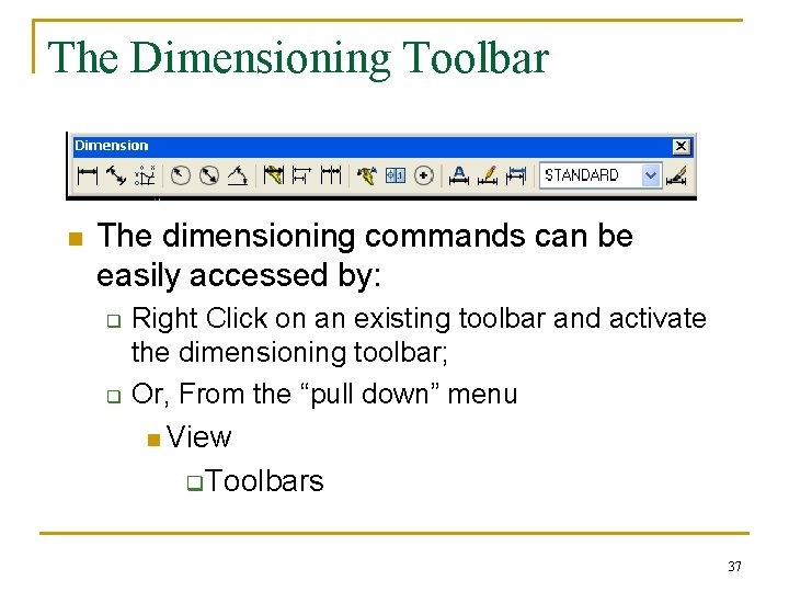 The Dimensioning Toolbar n The dimensioning commands can be easily accessed by: q q