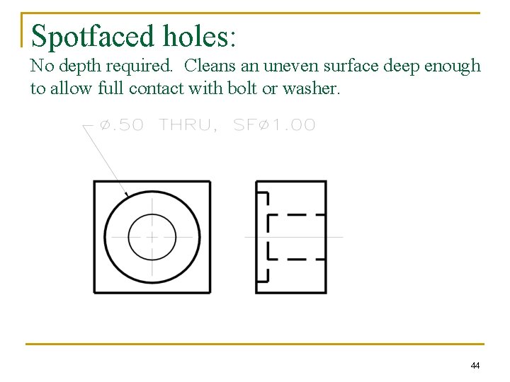 Spotfaced holes: No depth required. Cleans an uneven surface deep enough to allow full