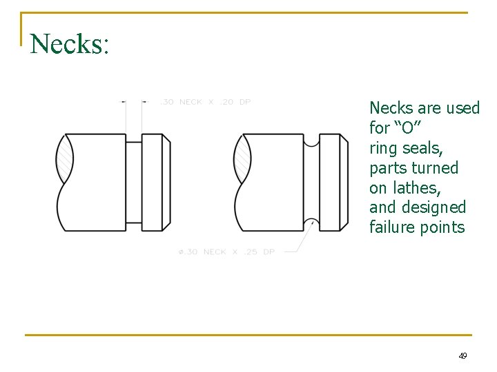 Necks: Necks are used for “O” ring seals, parts turned on lathes, and designed