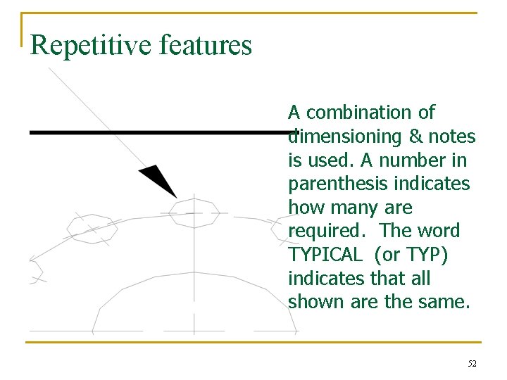 Repetitive features A combination of dimensioning & notes is used. A number in parenthesis