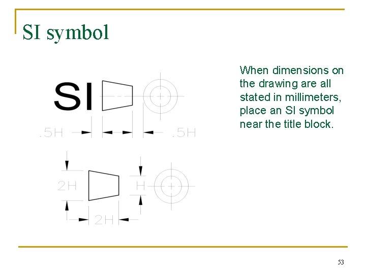 SI symbol When dimensions on the drawing are all stated in millimeters, place an