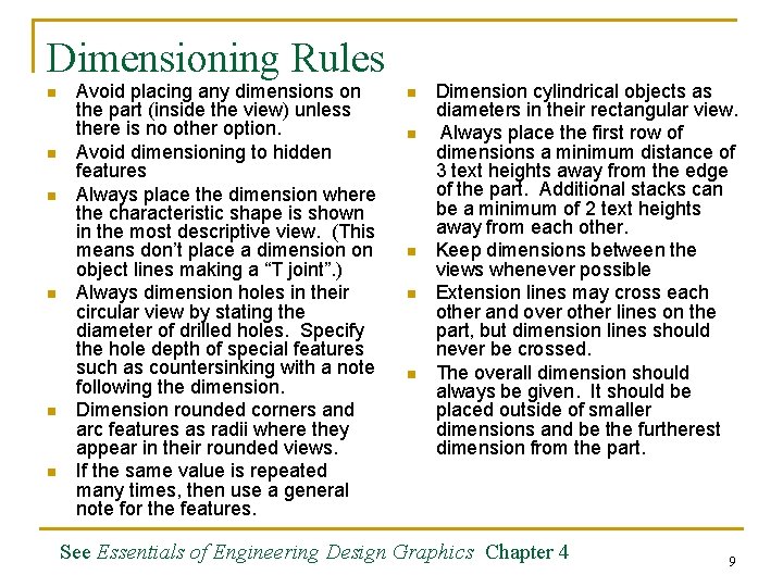 Dimensioning Rules n n n Avoid placing any dimensions on the part (inside the
