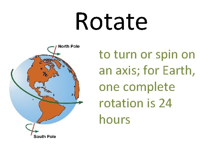 Rotate to turn or spin on an axis; for Earth, one complete rotation is