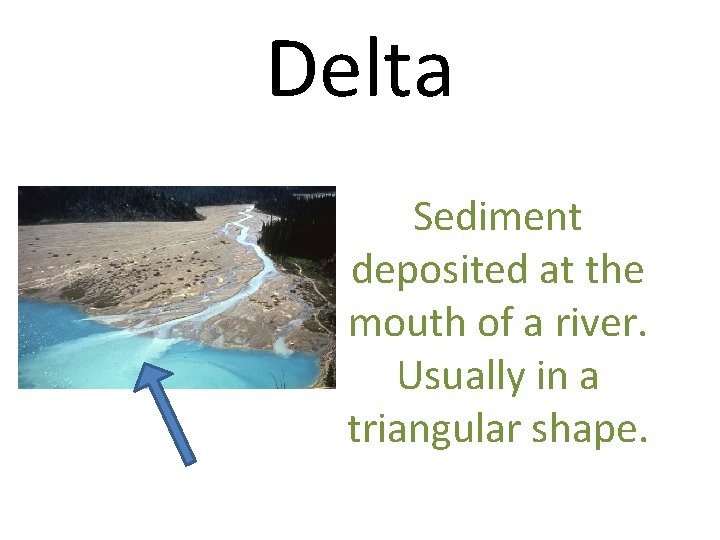 Delta Sediment deposited at the mouth of a river. Usually in a triangular shape.