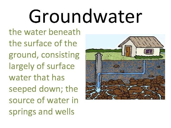 Groundwater the water beneath the surface of the ground, consisting largely of surface water
