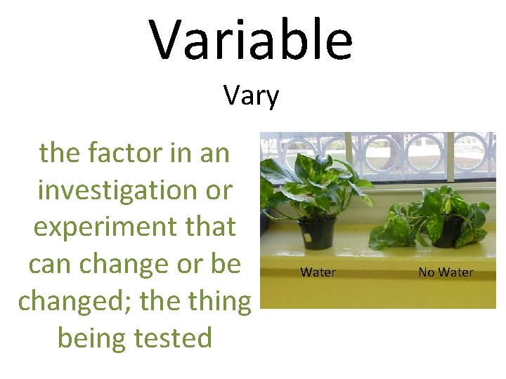 Variable Vary the factor in an investigation or experiment that can change or be
