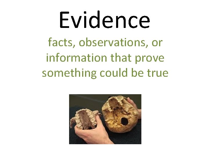 Evidence facts, observations, or information that prove something could be true 