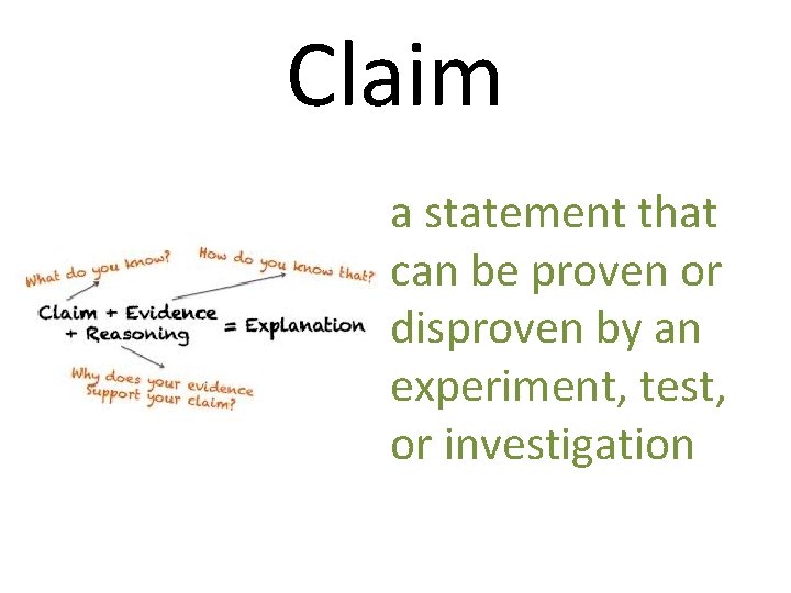Claim a statement that can be proven or disproven by an experiment, test, or